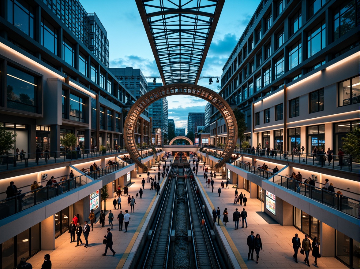 Prompt: Modern train station, sleek metal framework, large glass ceilings, bright LED lighting, warm color temperatures, high-contrast ratios, dynamic light simulations, realistic reflections, ambient occlusion, shallow depth of field, 3/4 composition, panoramic view, busy passenger traffic, rush hour atmosphere, urban cityscape, concrete flooring, steel beams, industrial design elements, futuristic architecture, energy-efficient systems, sustainable lighting solutions, motion sensors, automated lighting controls, soft warm glow, dramatic shadows.