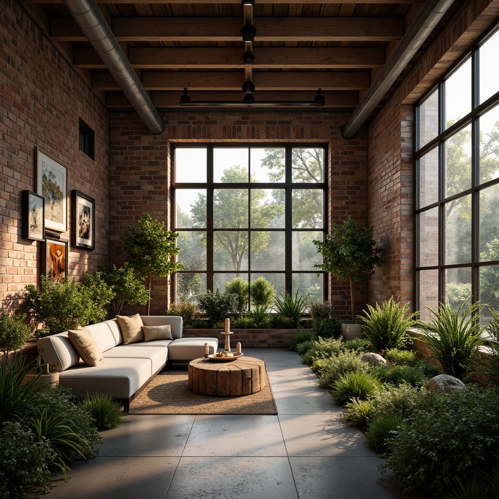 Prompt: Exposed brick walls, reclaimed wood accents, industrial metal beams, vintage decorative items, lush greenery, natural textiles, earthy color palette, soft warm lighting, cozy intimate spaces, minimalist decor, eco-friendly materials, rainwater harvesting systems, solar panels, green roofs, living walls, urban garden views, misty morning atmosphere, shallow depth of field, 1/1 composition, realistic textures, ambient occlusion.