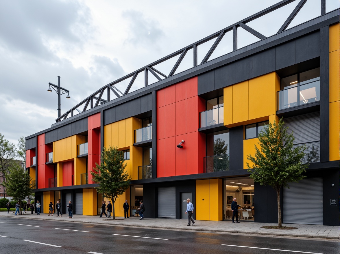 Prompt: Geometric stadium facade, bold primary colors, industrial materials, exposed steel beams, cantilevered roofs, asymmetrical compositions, functionalist aesthetics, minimalist ornamentation, rectangular forms, clean lines, brutalist influences, urban landscape, cloudy sky, dramatic lighting, high-contrast shadows, 1/2 composition, low-angle shot, realistic renderings, ambient occlusion.