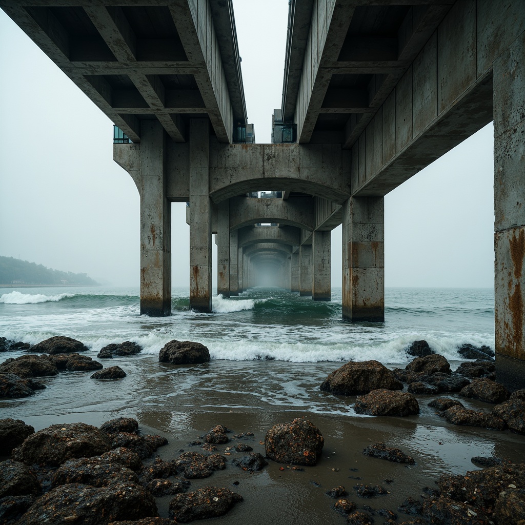 Prompt: Rugged coastal landscape, turbulent sea waves, misty ocean air, weathered steel beams, exposed concrete pillars, asymmetrical bridge design, fragmented structural elements, deconstructed arches, irregular shapes, distressed metal textures, rusted bolts, worn wooden planks, dramatic lighting effects, high contrast shadows, 1/2 composition, low-angle shot, cinematic atmosphere, realistic water simulations.