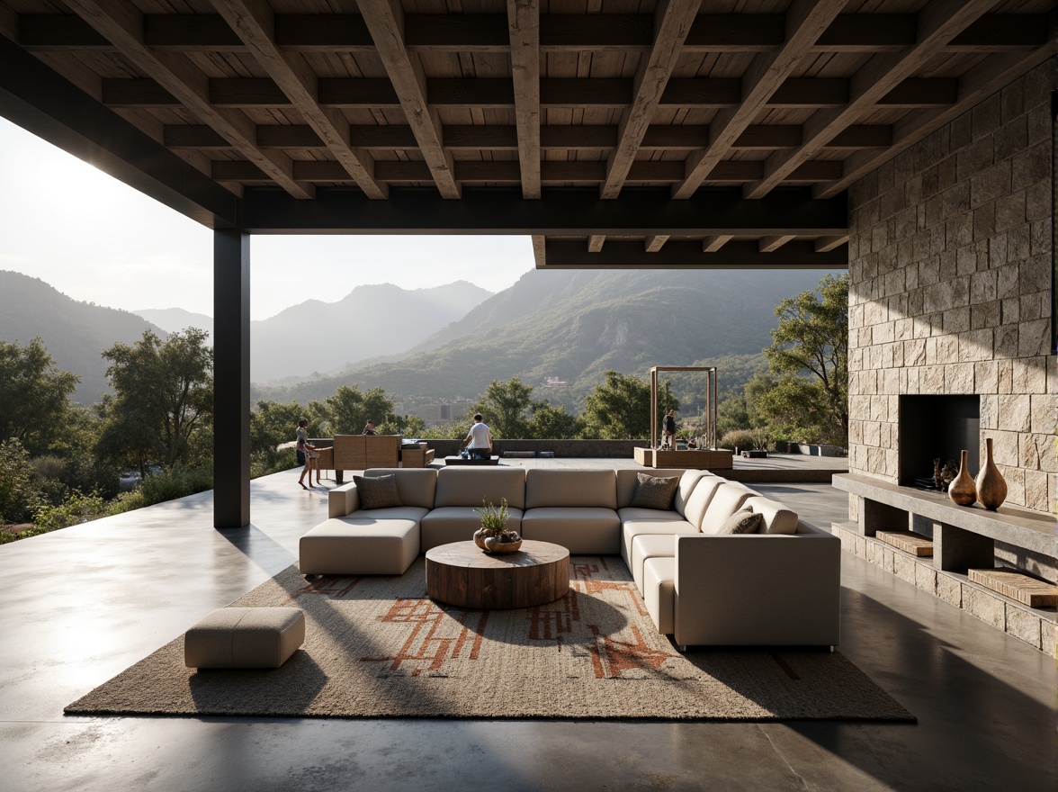 Prompt: Canyon-inspired modernist building interior, open-plan living space, minimalist decor, sleek low-profile furniture, polished concrete floors, industrial-style metal beams, floor-to-ceiling windows, panoramic canyon views, natural stone accent walls, geometric patterned rugs, monochromatic color scheme, ambient soft lighting, 1/1 composition, shallow depth of field, realistic textures, subtle shadows.