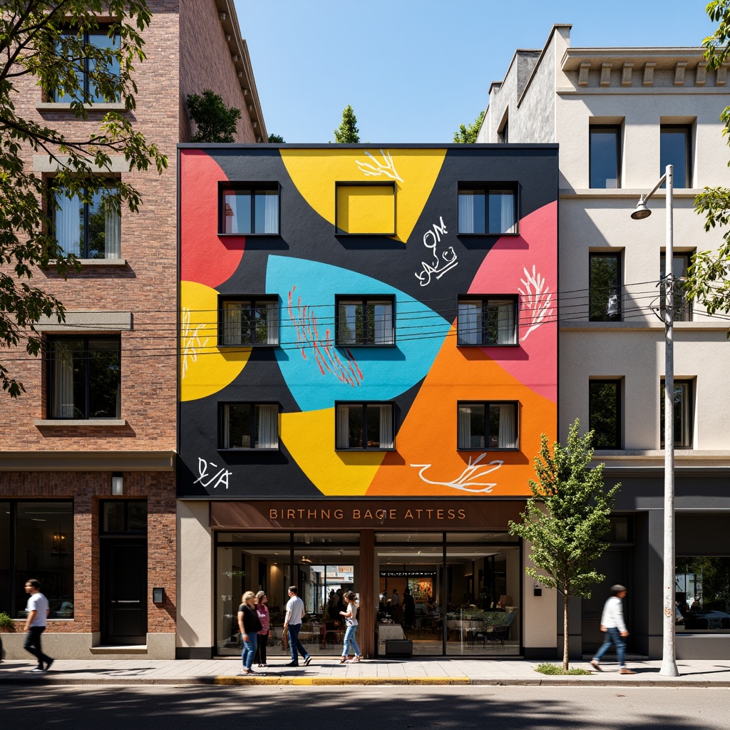 Prompt: Vibrant storefront, expressive asymmetrical facade, bold geometric shapes, bright primary colors, abstract patterns, dynamic angular lines, irregular forms, eclectic mix of materials, industrial metal accents, reclaimed wood textures, urban cityscape, bustling streets, pedestrian traffic, morning sunlight, high-contrast shadows, dramatic spotlighting, 1/2 composition, low-angle shot, gritty realistic rendering.