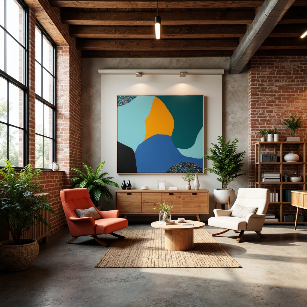 Prompt: Vibrant art studio, eclectic furniture, abstract artwork, bold color blocking, contrasting textures, modern industrial architecture, exposed brick walls, polished concrete floors, reclaimed wood accents, natural light pouring in, soft warm glow, atmospheric mist, shallow depth of field, 1/1 composition, realistic renderings, ambient occlusion.