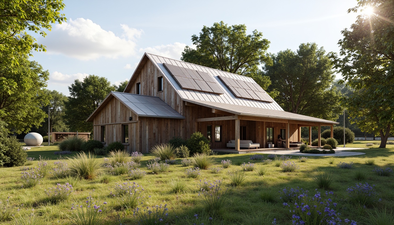 Prompt: Rustic barn, reclaimed wood accents, earthy color palette, natural stone foundation, corrugated metal roofing, solar panels, green roofs, living walls, rainwater harvesting systems, composting toilets, eco-friendly materials, organic farm surroundings, lush greenery, wildflowers, sunny day, soft warm lighting, shallow depth of field, 3/4 composition, panoramic view, realistic textures, ambient occlusion.