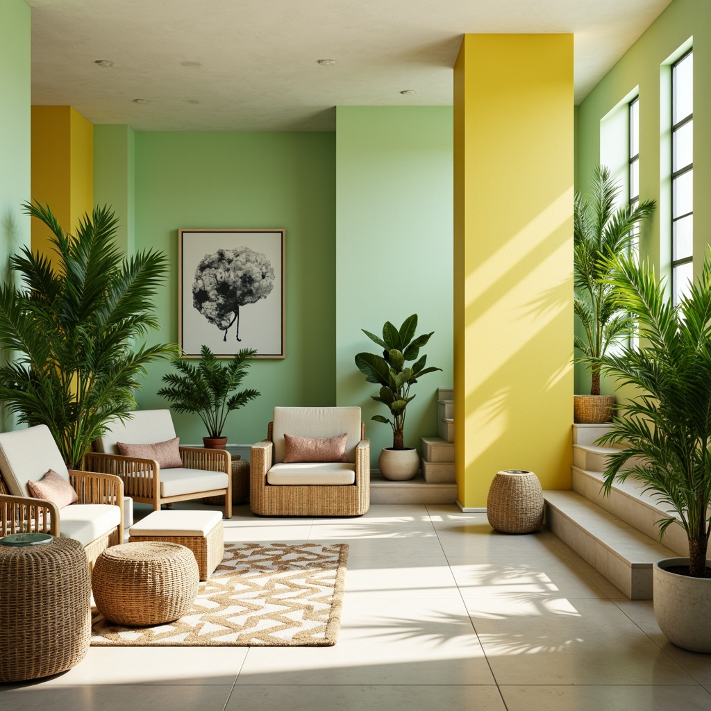 Prompt: Vibrant lime green accents, pastel yellow hues, soft mint undertones, creamy white walls, natural wood textures, modern minimalist furniture, sleek metal frames, geometric patterned rugs, abundant tropical plants, warm sunny day, shallow depth of field, 1/1 composition, realistic reflections, ambient occlusion.