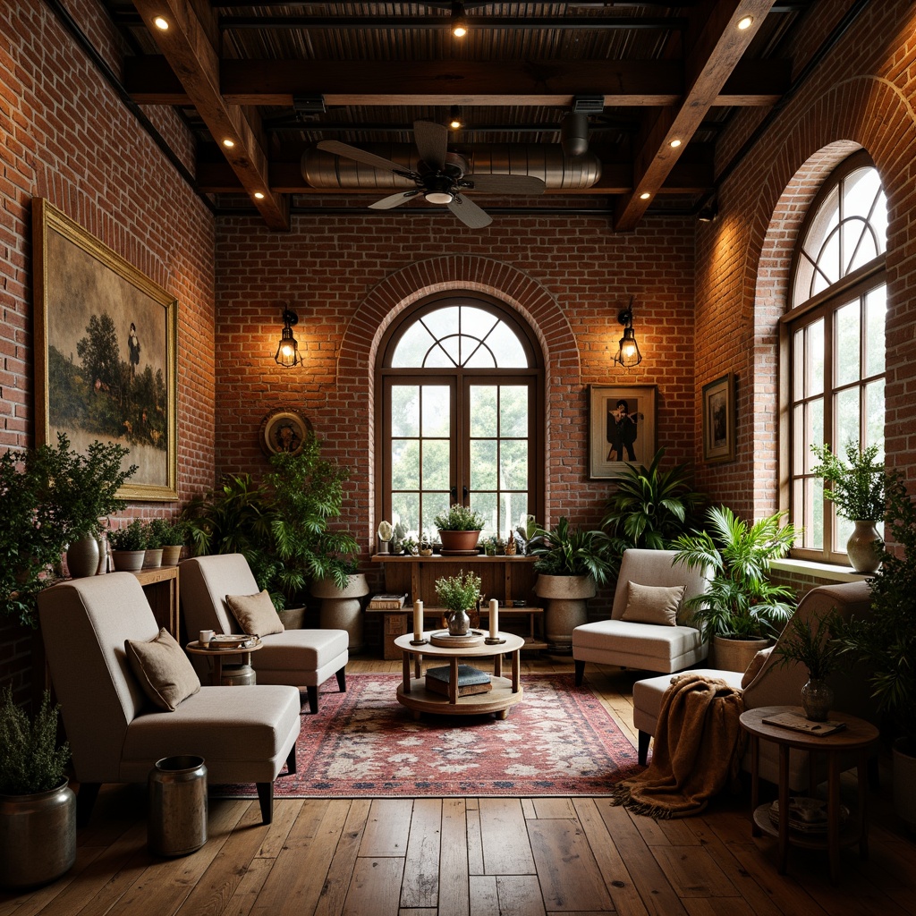 Prompt: Exposed brick walls, industrial metal beams, reclaimed wood accents, vintage decorative elements, soft warm lighting, cozy intimate atmosphere, romantic ambiance, eclectic mix of antique and modern furniture, lush greenery, potted plants, natural textiles, earthy color palette, distressed finishes, ornate metalwork, grand windows, arched doorways, rustic wooden floors, plush area rugs, dramatic ceiling heights, atmospheric misting, warm golden lighting, 1/1 composition, shallow depth of field, realistic textures, ambient occlusion.