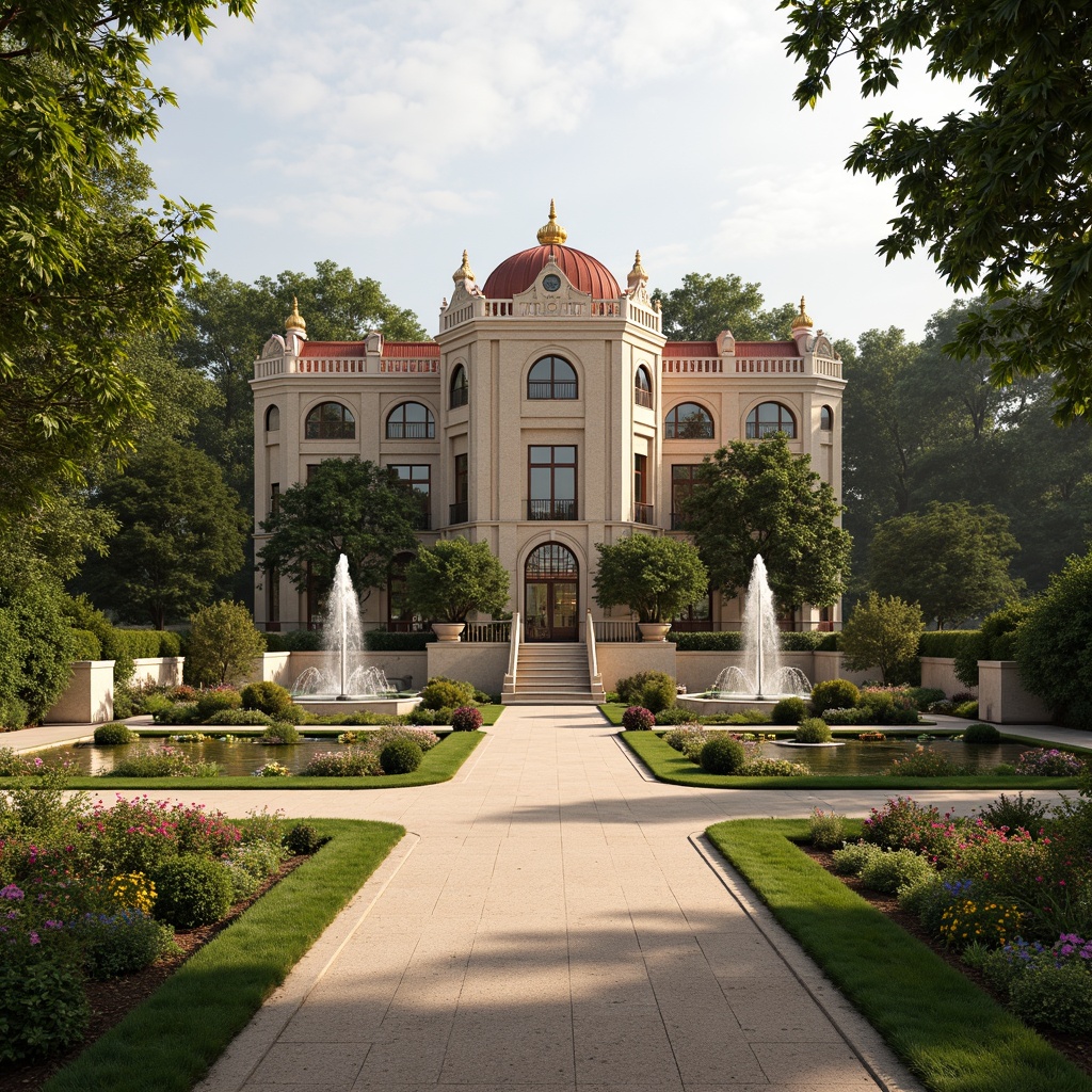 Prompt: Grandiose palace, ornate fountains, lush greenery, vibrant flowers, statues, walking paths, natural stone walls, intricate iron gates, symmetrical gardens, majestic architecture, curved lines, ornate decorations, golden accents, soft warm lighting, shallow depth of field, 3/4 composition, panoramic view, realistic textures, ambient occlusion.