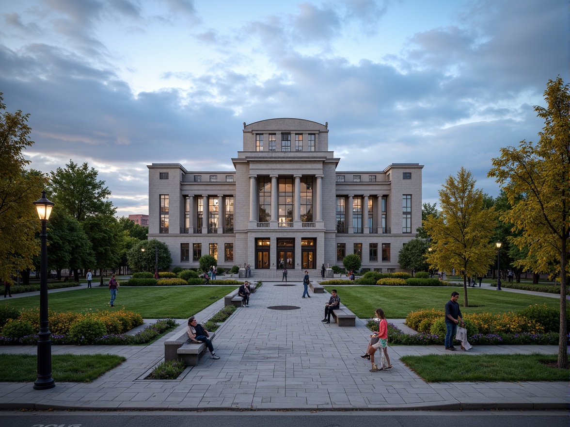 Prompt: Grand courthouse building, neoclassical architecture, symmetrical facade, granite stone walls, ornate columns, majestic entrance, manicured lawns, vibrant flower beds, walking paths, mature trees, seasonal foliage, natural stone benches, modern streetlights, urban cityscape, cloudy blue sky, soft warm lighting, shallow depth of field, 1/2 composition, realistic textures, ambient occlusion.