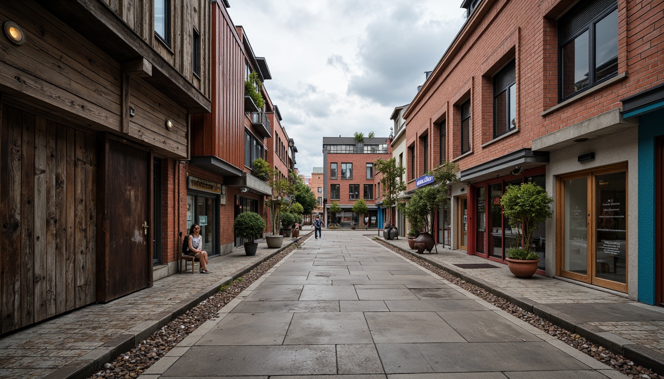 Prompt: Rough stone walls, weathered wooden planks, rusty metal cladding, smooth concrete floors, intricate tile patterns, vibrant colorful murals, natural brick facades, ornate stucco details, distressed finishes, industrial chic aesthetic, urban cityscape, cloudy grey sky, dramatic spotlighting, high contrast shadows, 1/1 composition, symmetrical framing, realistic material textures, ambient occlusion.