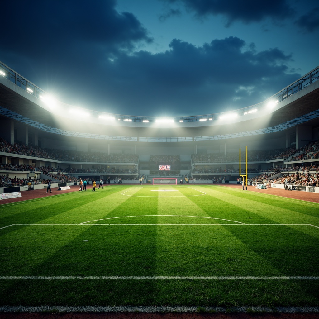 Prompt: Stadium atmosphere, lush green grass, athletic tracks, sports equipment, goalposts, floodlights, LED lighting, warm white tones, high-contrast shadows, dramatic spotlighting, misty evening air, soft focus, shallow depth of field, 1/2 composition, wide-angle lens, realistic textures, ambient occlusion.