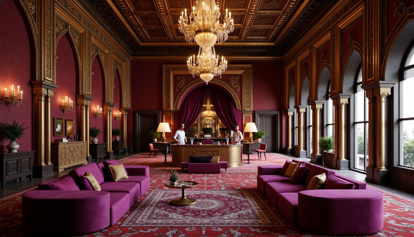 Prompt: Rich plum accents, luxurious velvet textures, ornate golden details, majestic archways, grandiose columns, lavish furnishings, opulent chandeliers, regal atmosphere, sophisticated color scheme, warm ambient lighting, shallow depth of field, 1/2 composition, realistic reflections, intricate patterns, Moorish-inspired architecture, exotic cultural influences, vibrant jewel-toned hues.