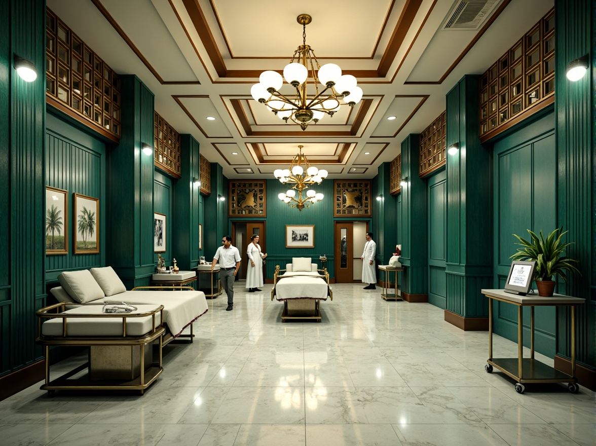 Prompt: Luxurious hospital interior, rich jewel tones, emerald green walls, navy blue accents, polished chrome fixtures, geometric patterns, ornate metalwork, lavish chandeliers, creamy white marble floors, warm golden lighting, soft focus, shallow depth of field, 1/2 composition, elegant typography, vintage medical equipment, sophisticated ambiance.