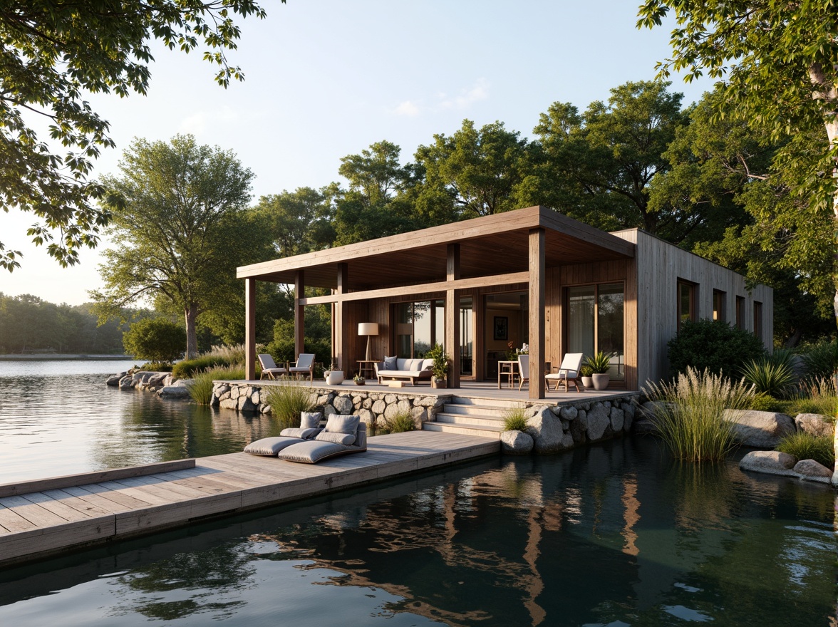 Prompt: Waterfront boathouse, rustic wooden dock, serene lake scenery, lush greenery, weathered wood cladding, corrugated metal accents, modern minimalist design, large windows, sliding glass doors, natural stone foundations, cantilevered rooflines, overhanging eaves, warm soft lighting, shallow depth of field, 3/4 composition, panoramic view, realistic textures, ambient occlusion.