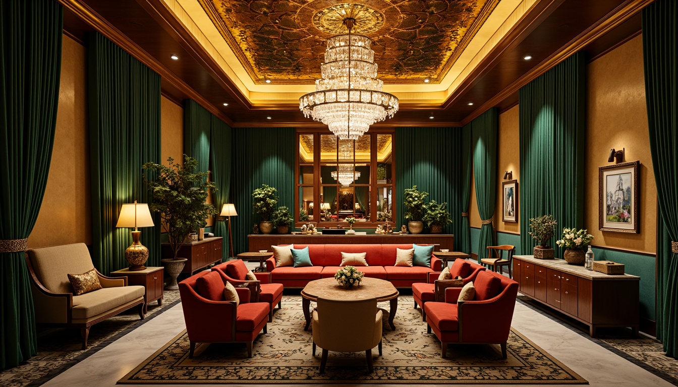 Prompt: Luxurious Art Deco interior, metallic accents, opulent gold leafing, rich jewel tones, emerald green, sapphire blue, ruby red, geometric patterns, ornate details, lavish furnishings, velvet drapes, marble floors, crystal chandeliers, warm golden lighting, high-contrast shadows, dramatic composition, cinematic atmosphere.