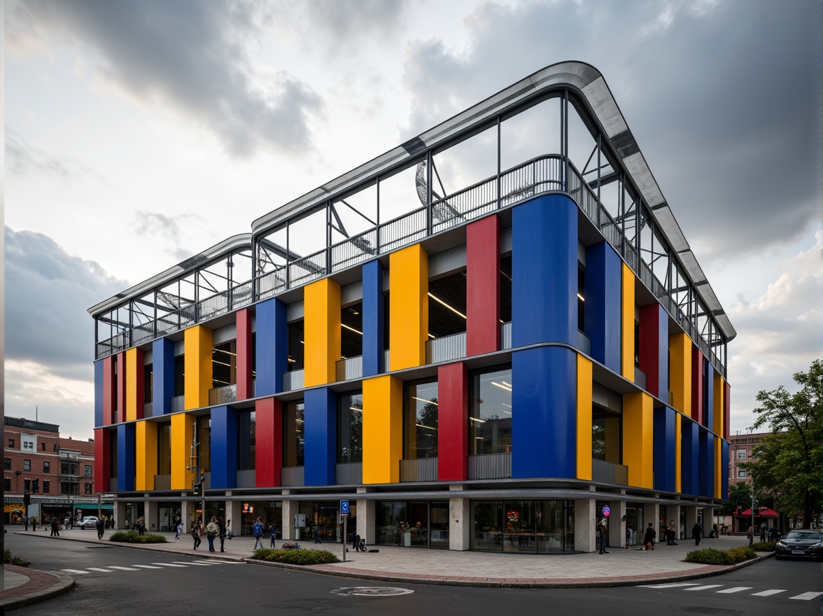 Prompt: Geometric stadium facade, bold primary colors, industrial materials, exposed steel beams, cantilevered roofs, asymmetrical compositions, functionalist aesthetics, minimalist ornamentation, rectangular forms, clean lines, brutalist influences, urban landscape, cloudy sky, dramatic lighting, high-contrast shadows, 1/2 composition, low-angle shot, realistic renderings, ambient occlusion.