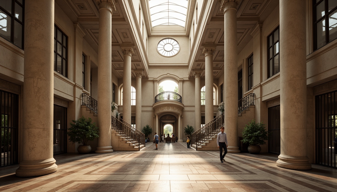 Prompt: Grand courthouse entrance, imposing stone columns, ornate metal gates, symmetrical fa\u00e7ade, high ceilings, grand staircases, polished marble floors, intricate moldings, natural light pouring through clerestory windows, warm soft lighting, subtle shadows, dramatic spotlights, 1/1 composition, realistic textures, ambient occlusion, morning sunlight, subtle color grading.