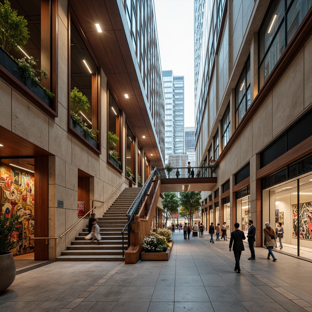 Prompt: Grand staircase, polished marble floors, ornate metal railings, natural stone walls, wooden paneling, vibrant murals, intricate mosaics, ambient lighting, spacious atriums, modern architecture, sleek glass facades, reflective surfaces, urban cityscape, bustling streets, morning sunlight, shallow depth of field, 1/2 composition, realistic textures, detailed normal maps.