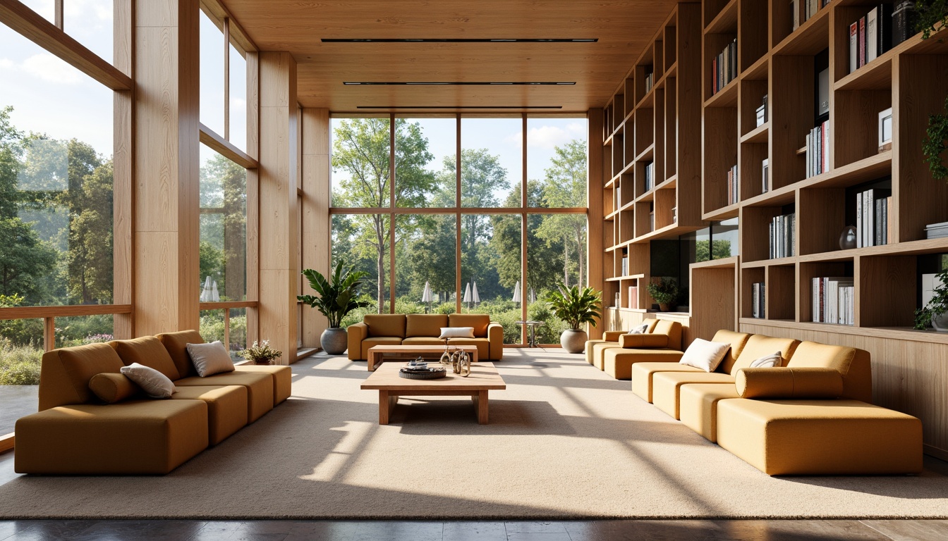 Prompt: Cozy reading nooks, abundant natural light, floor-to-ceiling windows, wooden shelves, comfortable seating areas, warm color schemes, soft carpeting, minimal artificial lighting, high ceilings, open spaces, modern minimalist architecture, subtle texture variations, realistic material rendering, 1/1 composition, softbox lighting, ambient occlusion.