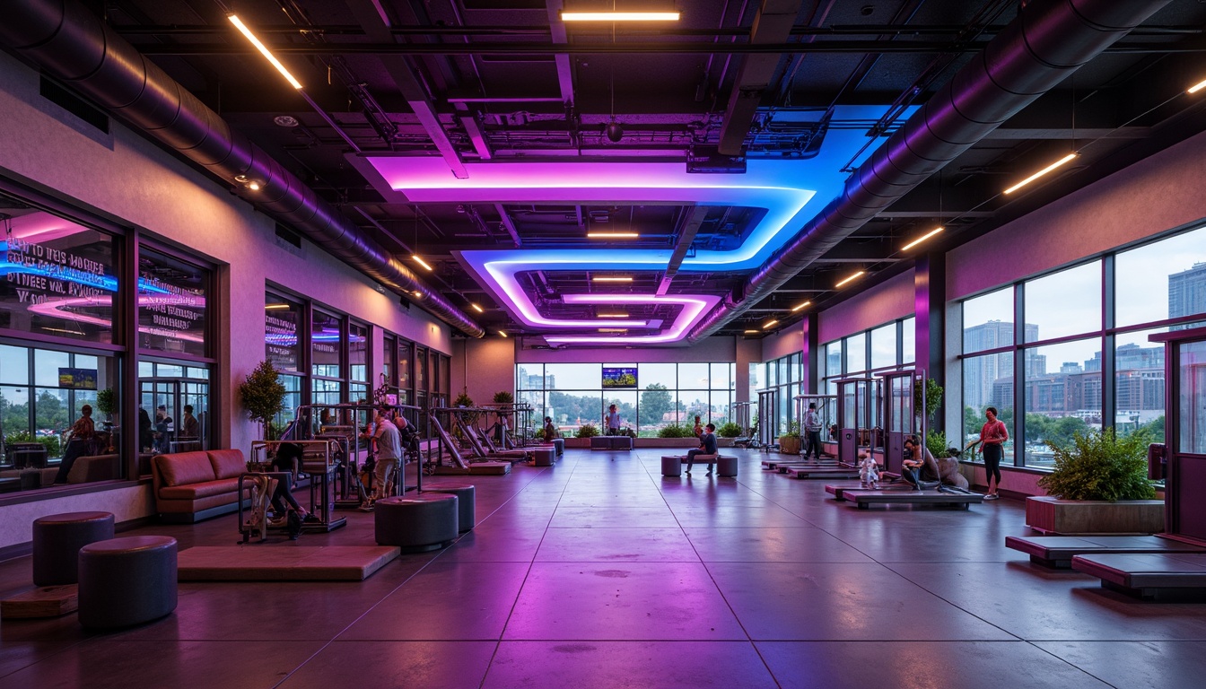 Prompt: High-ceilinged fitness club, sleek metal equipment, neon-lit LED lights, dynamic color-changing ambiance, futuristic architectural design, polished concrete floors, mirrored walls, state-of-the-art sound systems, energizing atmosphere, motivational quotes, modern minimalist decor, high-intensity workout areas, yoga and Pilates zones, relaxation lounges, floor-to-ceiling windows, natural daylight, soft warm glow, 1/2 composition, shallow depth of field, realistic textures, ambient occlusion.