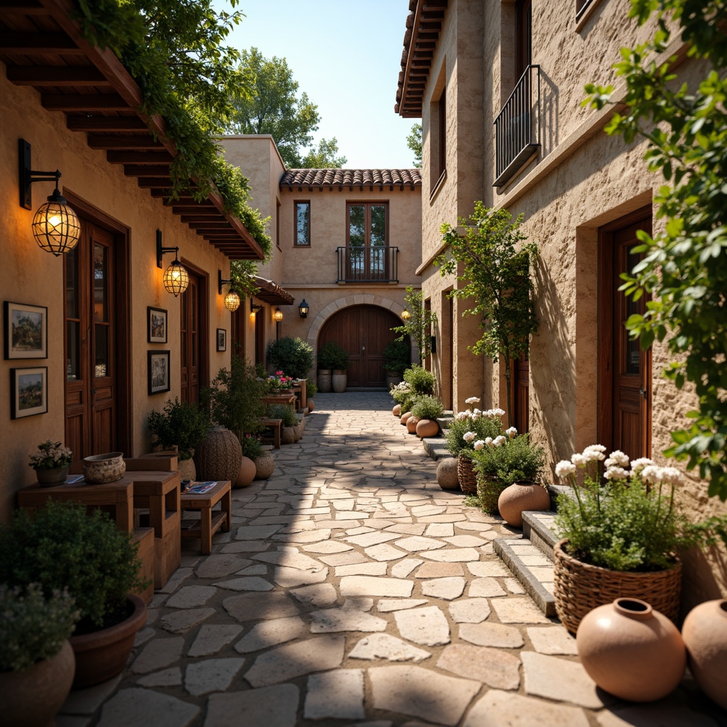 Prompt: Rustic village setting, earthy tones, natural stone walls, wooden beams, clay tile roofs, ornate doorways, intricate carvings, vibrant textiles, colorful ceramics, lush greenery, blooming flowers, rustic lanterns, warm soft lighting, shallow depth of field, 1/1 composition, realistic textures, ambient occlusion.