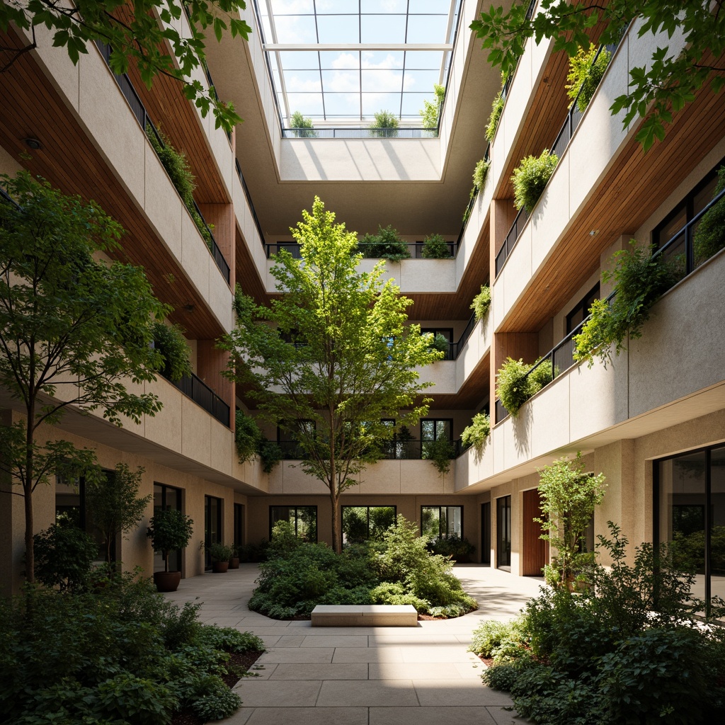 Prompt: Vibrant atrium, lush greenery, natural stone walls, wooden accents, floor-to-ceiling windows, clerestory windows, skylights, open floor plans, minimalist decor, earthy color palette, warm ambient lighting, soft shadows, 1/1 composition, realistic textures, subtle reflections, morning sunlight, afternoon warmth, gentle breeze, serene atmosphere.