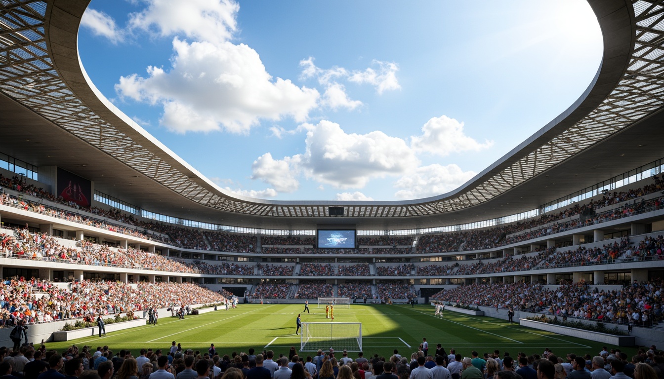 Prompt: Modern stadium architecture, perforated metal panels, sleek curved lines, cantilevered roofs, vibrant LED lighting, bustling crowd atmosphere, urban cityscape backdrop, sunny day with fluffy clouds, shallow depth of field, 1/2 composition, realistic reflections, ambient occlusion, natural stone flooring, polished concrete walls, dynamic sports equipment, athletic tracks, goalposts, scoreboards, spectator seating areas, VIP lounges, concession stands, modern amenities, sustainable building materials, energy-efficient systems.