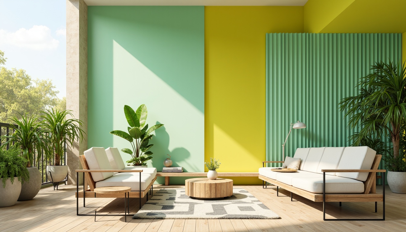 Prompt: Vibrant lime green accents, pastel yellow hues, soft mint undertones, creamy white walls, natural wood textures, modern minimalist furniture, sleek metal frames, geometric patterned rugs, abundant tropical plants, warm sunny day, shallow depth of field, 1/1 composition, realistic reflections, ambient occlusion.