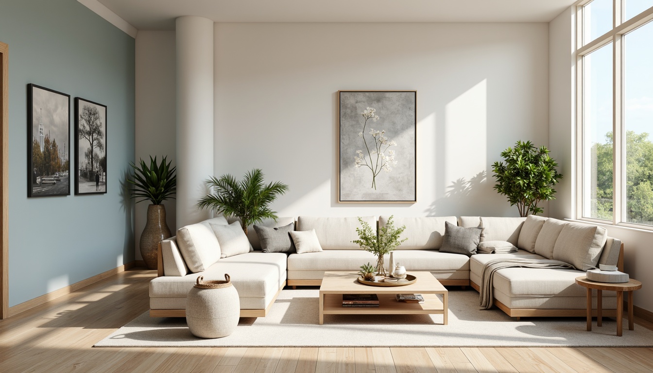 Prompt: Soft powder blue accents, creamy white walls, warm beige furniture, natural wood textures, subtle gold metallic details, elegant modern decor, spacious open-plan living area, large windows, abundant natural light, airy atmosphere, gentle shadows, 1/1 composition, soft focus, warm color grading, realistic fabric textures, ambient occlusion.