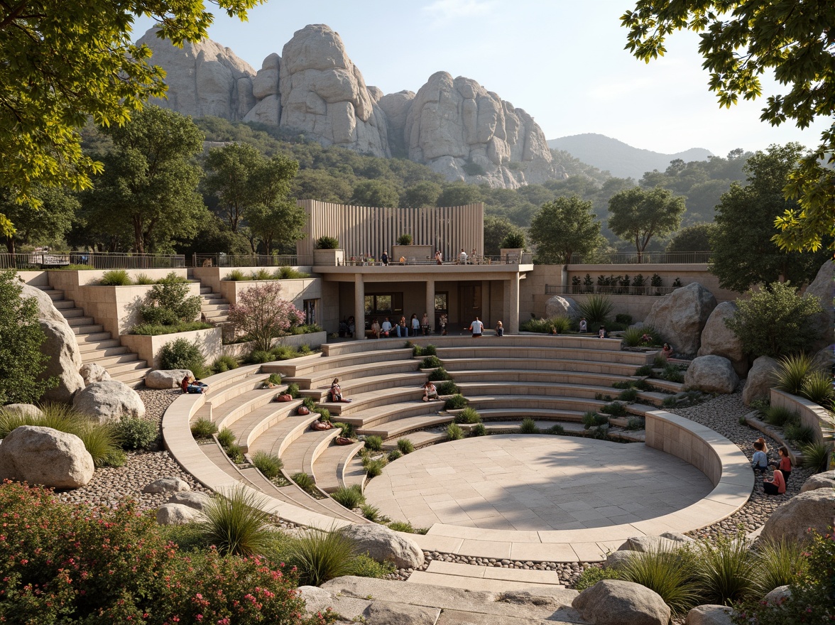 Prompt: Amphitheater-inspired constructivist architecture, grandiose stone steps, curved seating areas, ornate metal railings, lush greenery, vibrant flowers, natural rock formations, rustic wooden accents, earthy color palette, warm sunny day, soft diffused lighting, shallow depth of field, 3/4 composition, panoramic view, realistic textures, ambient occlusion.