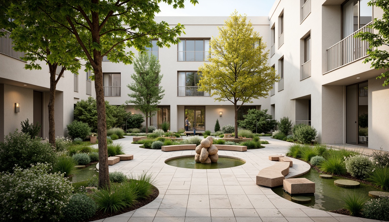 Prompt: Soothing hospital courtyard, lush greenery, calming water features, natural stone pathways, minimalist benches, modern sculptures, serene ambiance, warm neutral tones, clean lines, simple forms, functional planters, low-maintenance gardens, peaceful atmosphere, soft diffused lighting, shallow depth of field, 1/1 composition, realistic textures, ambient occlusion.