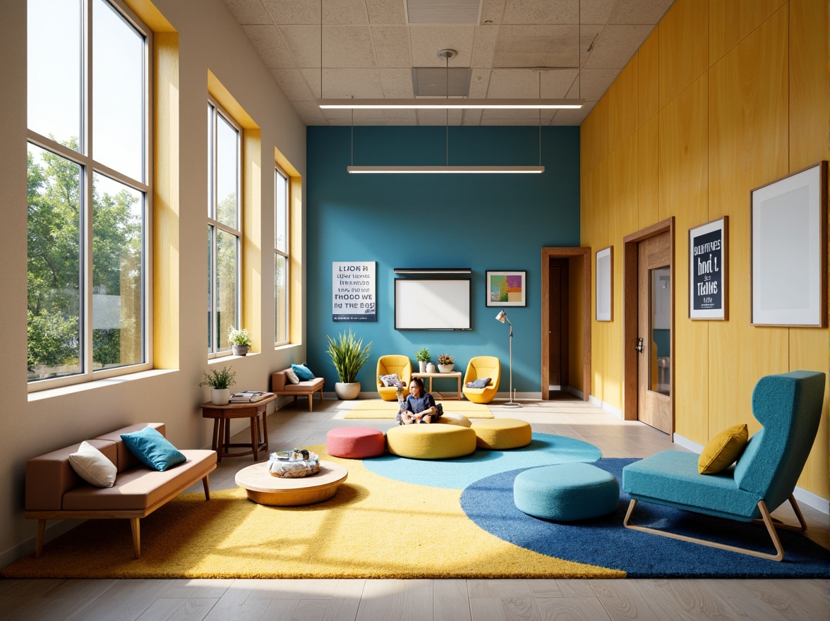 Prompt: Vibrant learning environment, warm beige walls, rich wood accents, calming blue tones, energetic yellow highlights, soft greenery, natural light pouring in, modern minimalist furniture, sleek metal legs, comfortable cushioned seating, collaborative workspaces, interactive whiteboards, inspirational quotes, motivational posters, cozy reading nooks, plush area rugs, stimulating color contrasts, 1/1 composition, softbox lighting, realistic textures, ambient occlusion.