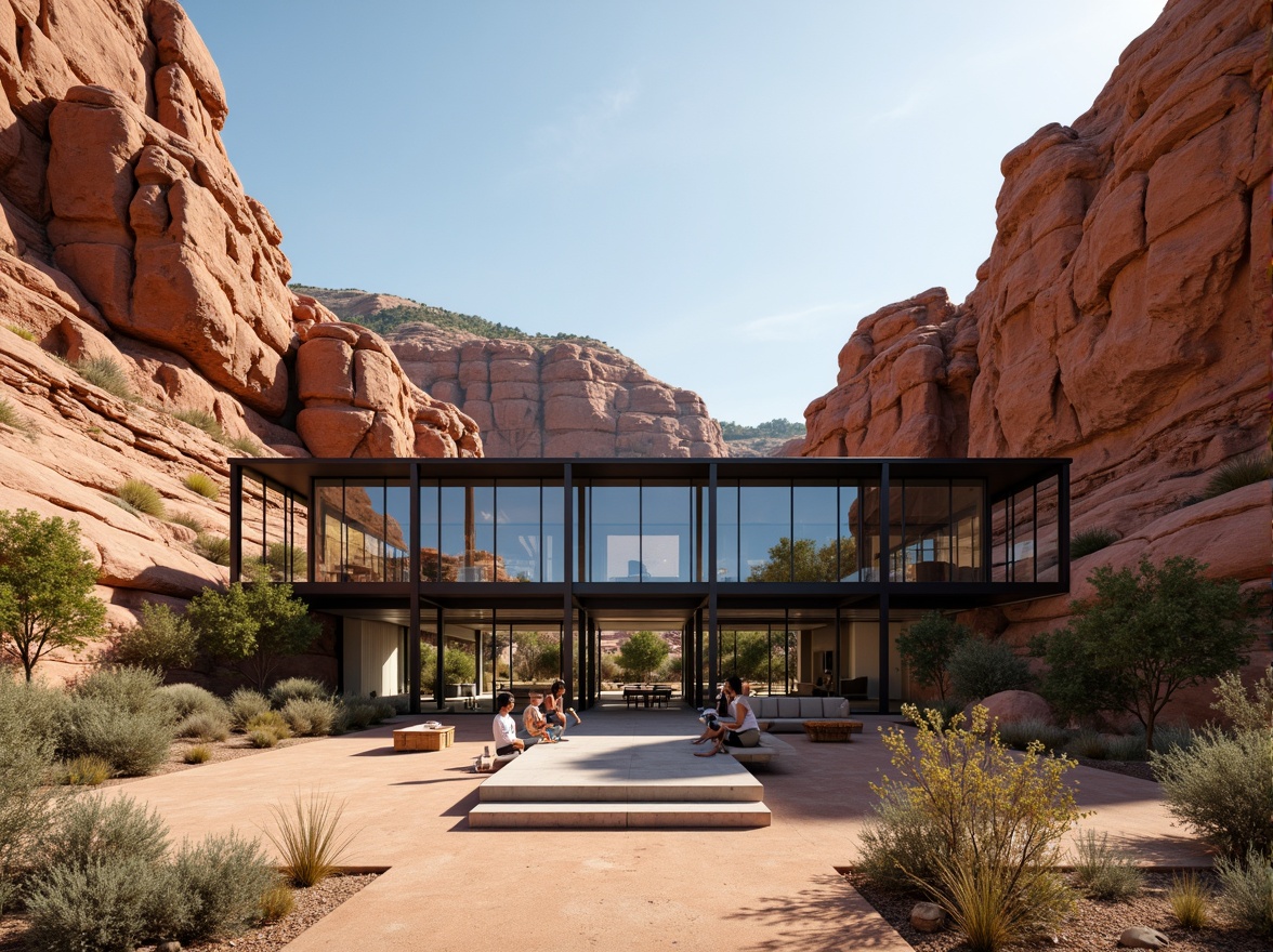 Prompt: Rugged canyon landscape, rust-colored rock formations, modernist architecture, cantilevered buildings, steel frames, glass facades, minimalist design, clean lines, industrial materials, exposed ductwork, polished concrete floors, reclaimed wood accents, metal mesh railings, floor-to-ceiling windows, sliding glass doors, natural ventilation systems, passive solar design, desert flora, succulent plants, sandy terrain, warm sunny day, high contrast lighting, dramatic shadows, 1/1 composition, symmetrical framing, realistic textures, ambient occlusion.