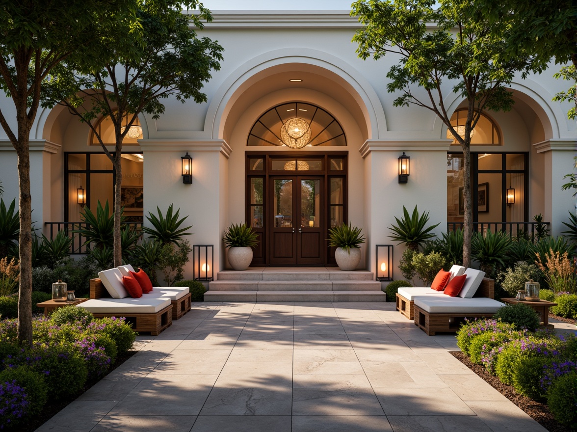 Prompt: Grand entrance gates, elegant archways, inviting pathways, lush greenery, vibrant flowers, modern lanterns, warm lighting, comfortable seating areas, stylish planters, decorative fountains, spacious porches, classic columns, ornate doorways, luxurious materials, sophisticated color schemes, shallow depth of field, 1/1 composition, realistic textures, ambient occlusion.