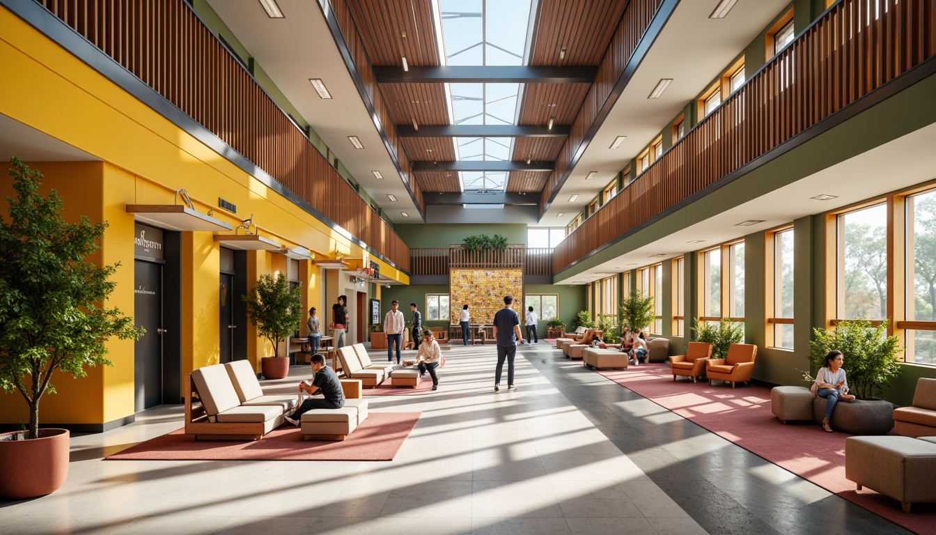 Prompt: Vibrant student halls, modern architectural design, bold color scheme, energetic atmosphere, youthful vibe, bright corridors, lively common areas, cozy study nooks, warm lighting, comfortable furniture, natural wood accents, calming greenery, playful patterns, geometric shapes, contrasting textures, dynamic visual interest, 3/4 composition, shallow depth of field, realistic rendering.