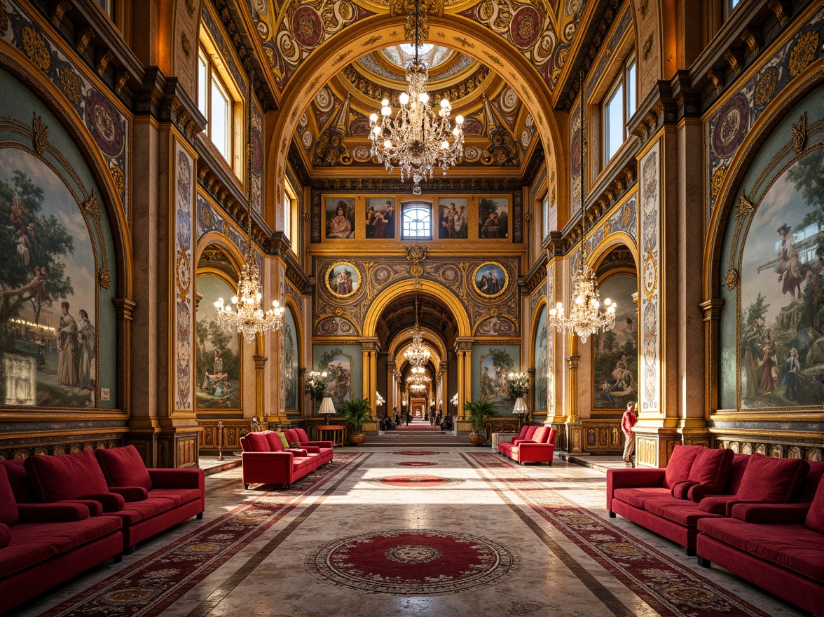 Prompt: Intricate mosaics, golden domes, ornate archways, lavish furnishings, rich textiles, vibrant colors, marble floors, grand chandeliers, high ceilings, ornate columns, intricate carvings, luxurious materials, Byzantine-inspired patterns, regal atmosphere, dramatic lighting, shallow depth of field, 1/1 composition, realistic textures, ambient occlusion.