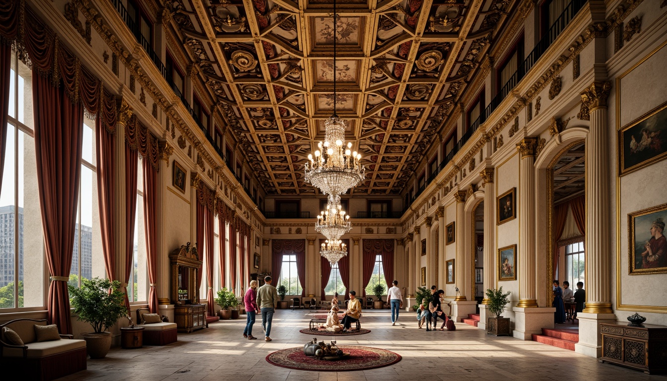 Prompt: Ornate Renaissance-style ceiling, intricate Baroque patterns, gilded details, ornamental moldings, fresco paintings, vaulted arches, grand chandeliers, crystal droplets, luxurious fabrics, rich wood tones, antique furnishings, majestic columns, marble floors, soft warm lighting, shallow depth of field, 1/1 composition, realistic textures, ambient occlusion.