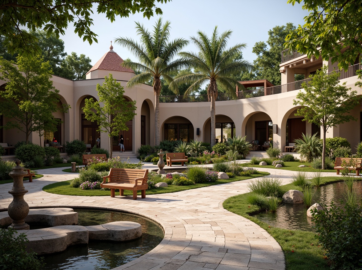 Prompt: Whimsical healthcare center, lush greenery, vibrant flowers, meandering walkways, tranquil ponds, ornate fountains, rustic stone benches, distressed wood accents, soft warm lighting, shallow depth of field, 3/4 composition, panoramic view, realistic textures, ambient occlusion, natural materials, earthy tones, curved lines, grand entrance, stately columns, elegant arches, ornate ironwork, vintage-inspired signage, serene atmosphere, peaceful ambiance.