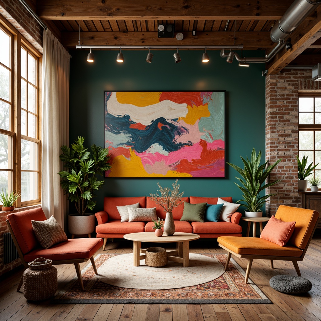 Prompt: Vibrant artistic studio, eclectic furniture, bold color blocking, contrasting textures, abstract artwork, statement lighting fixtures, industrial metal accents, reclaimed wood floors, bohemian-inspired rugs, natural fiber textiles, earthy tone ceramics, warm golden lighting, shallow depth of field, 1/1 composition, realistic renderings, ambient occlusion.