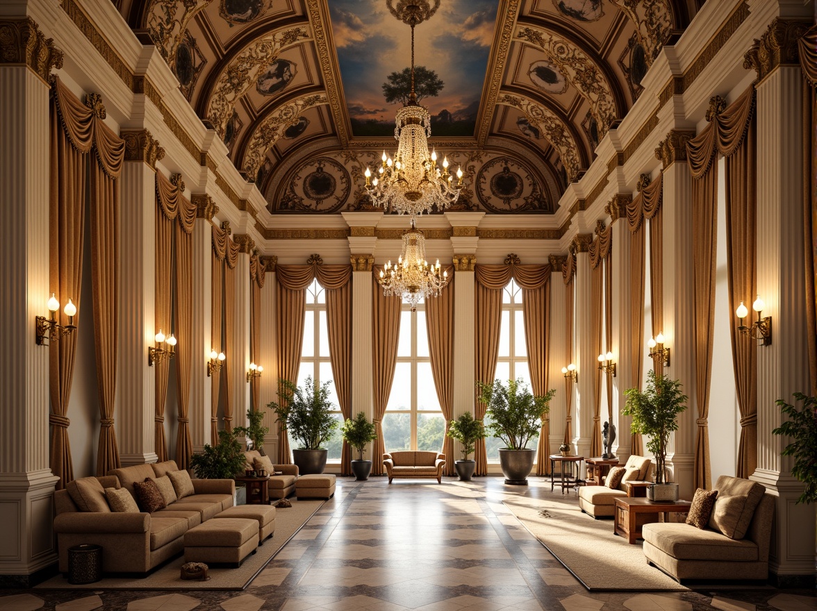 Prompt: Grandiose Baroque palace, beige stone fa\u00e7ade, ornate golden details, intricate marble patterns, lavish furnishings, opulent chandeliers, rich velvet drapes, warm candlelight, soft focus, shallow depth of field, 1/1 composition, symmetrical architecture, grand staircase, frescoed ceilings, ornamental fountains, lush greenery, sunny afternoon, warm natural light, realistic textures, ambient occlusion.