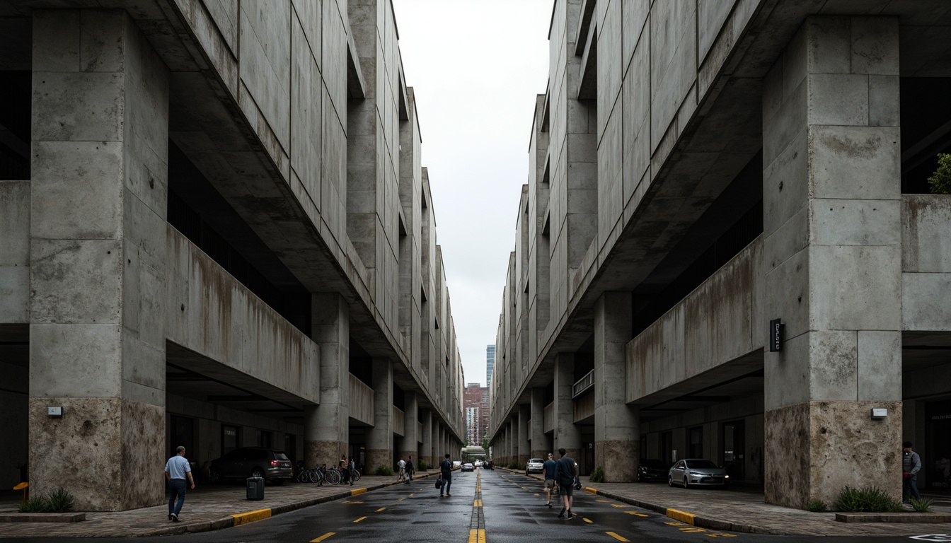 Prompt: Massive concrete forms, brutalist architecture, industrial distribution center, rugged textures, exposed ductwork, raw steel beams, functional minimalism, urban cityscape, overcast skies, dramatic shadows, high-contrast lighting, cinematic composition, symmetrical framing, bold geometric shapes, reinforced materials, utilitarian aesthetic, functional simplicity, mechanized systems, metallic accents, distressed finishes, monumental scale, imposing presence, atmospheric misting.