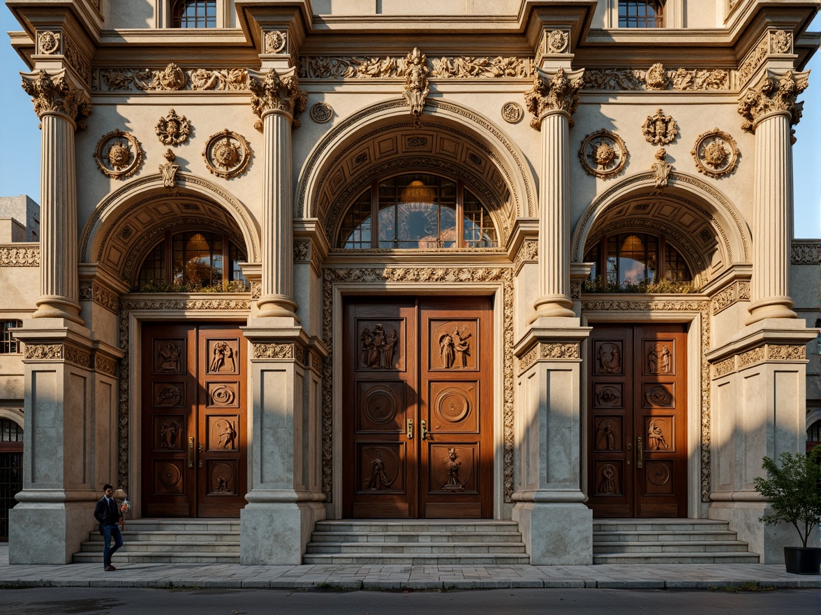 Prompt: Ornate church facade, intricately carved stone walls, gilded details, ornamental columns, grand entranceways, rusticated quoins, weathered limestone, aged bronze doors, stained glass windows, vibrant frescoes, decorative pediments, sculpted saints, lavish ornamentation, warm golden lighting, dramatic shadows, high contrast ratio, 1/2 composition, symmetrical framing, realistic normal maps.