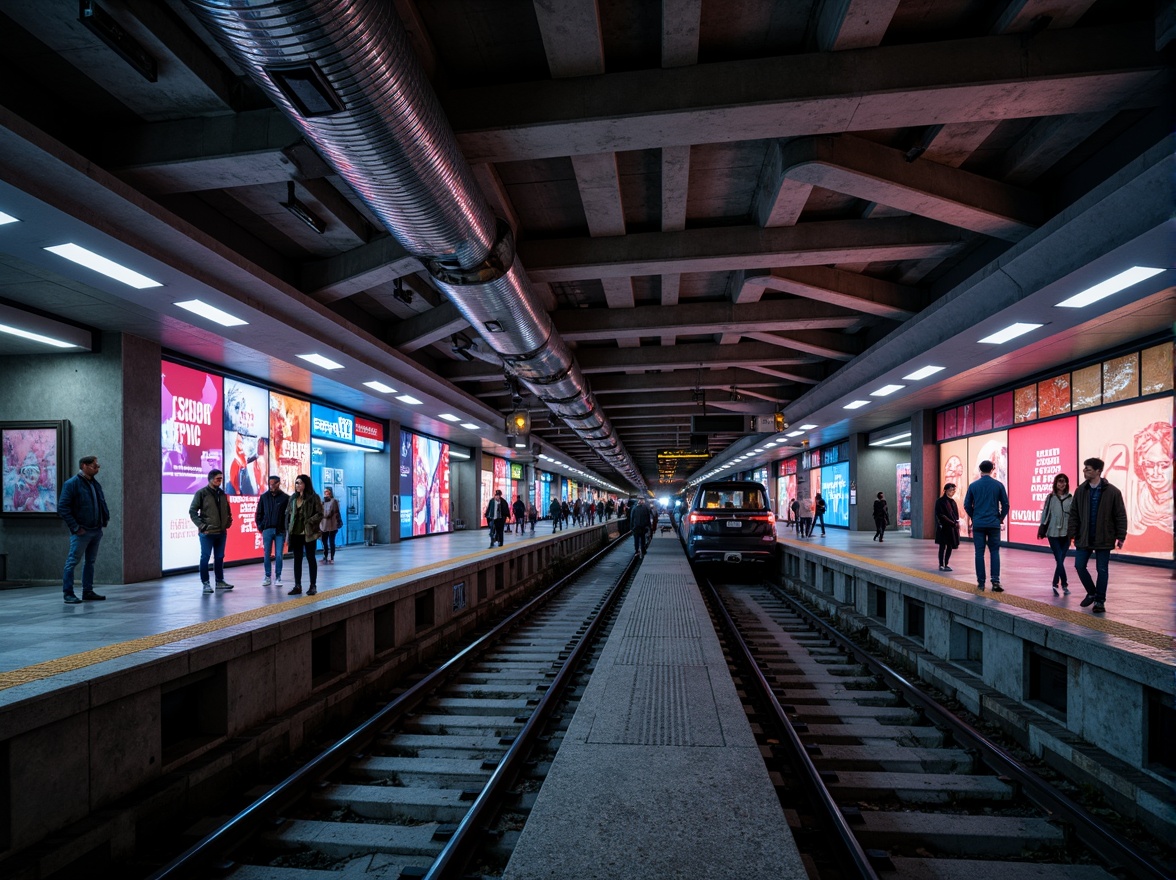 Prompt: Urban metro station, constructivist architecture, geometric shapes, industrial materials, exposed ductwork, metallic beams, concrete columns, vibrant urban art, LED light installations, futuristic ambiance, high-contrast lighting, dramatic shadows, dynamic angles, abstract patterns, brutalist textures, urban jungle atmosphere, rush hour crowds, fast-paced lifestyle, modern transportation hub, efficient infrastructure, sleek signage systems, bold typography, neon advertisements, bustling city sounds, shallow depth of field, 1/2 composition, cinematic view.