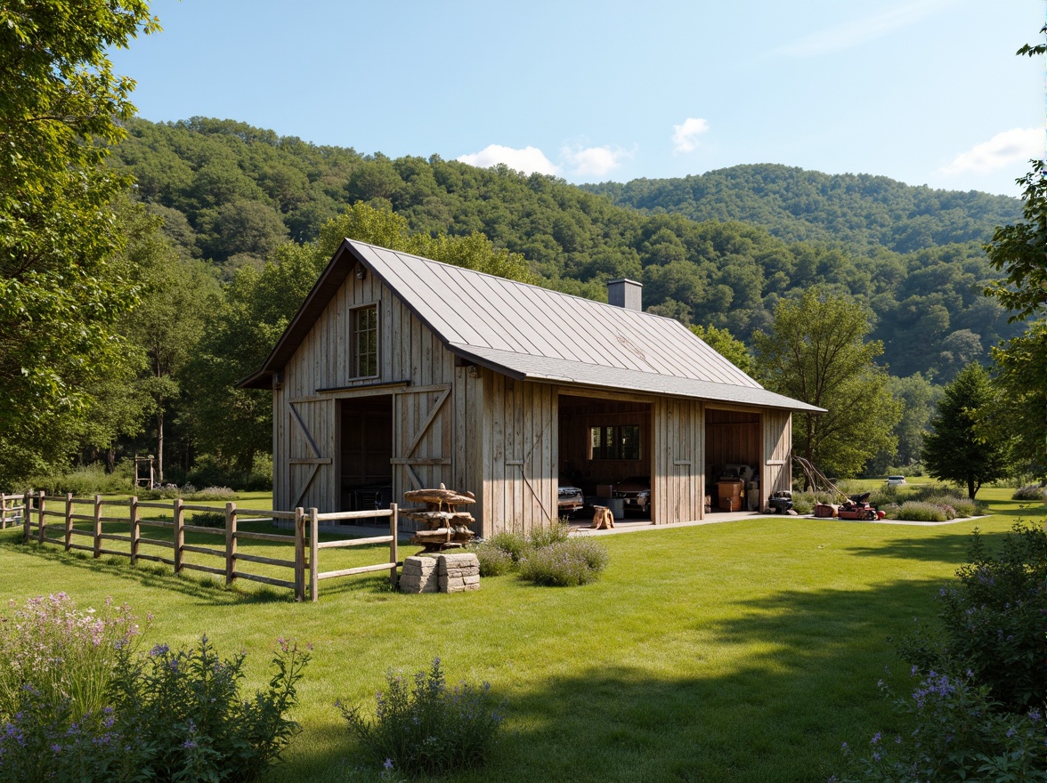 Prompt: Rustic barn, natural surroundings, rolling hills, lush green meadows, wildflowers, wooden fences, stone walls, earthy tones, weathered wood, corrugated metal roofs, sliding barn doors, hayloft windows, vintage farm equipment, rural landscape, serene atmosphere, warm sunlight, soft shadows, 1/2 composition, natural textures, ambient occlusion.