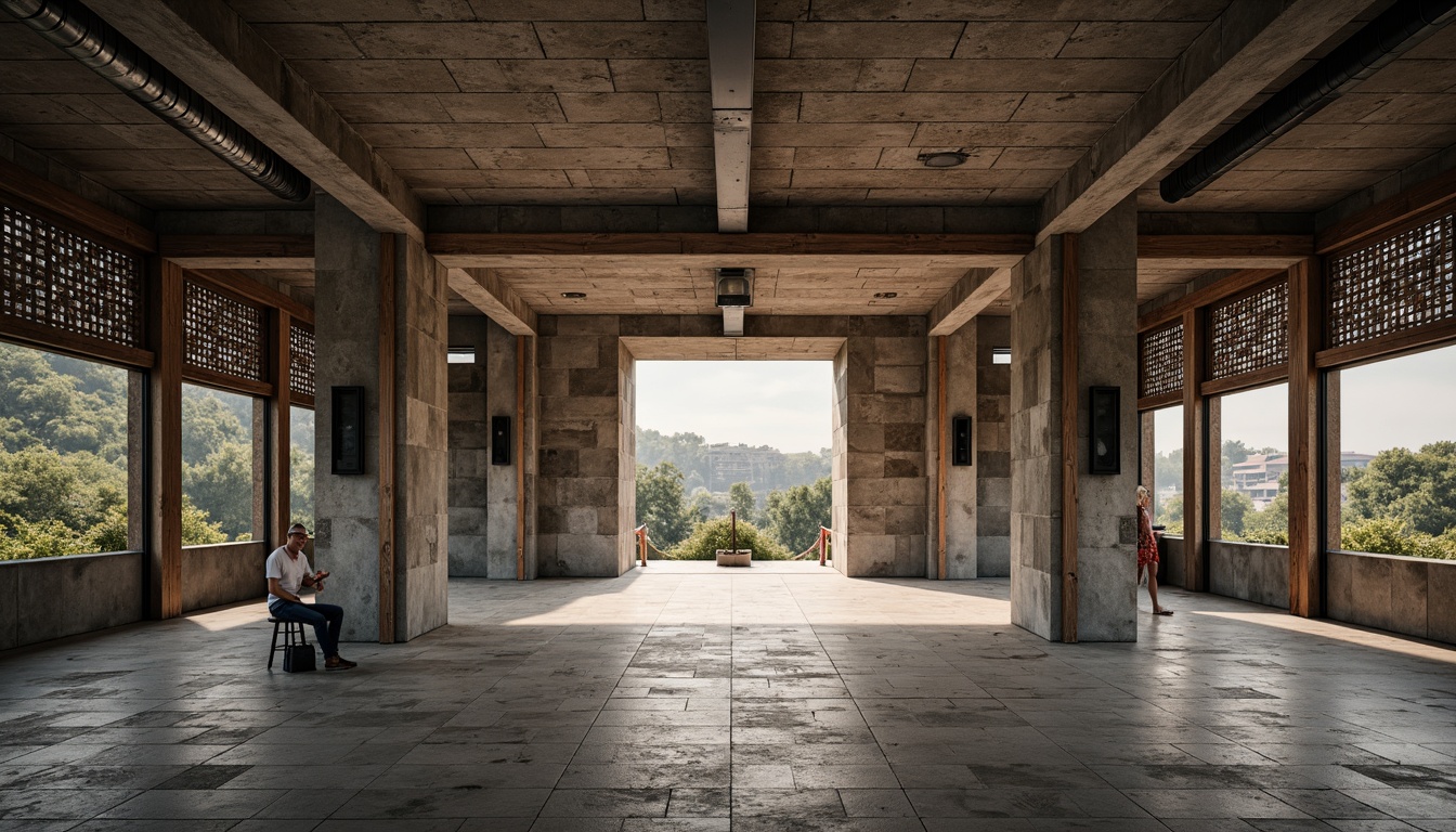 Prompt: Rugged pavilion, brutalist architecture, rough-hewn concrete walls, weathered stone floors, exposed ductwork, industrial metal beams, raw wooden accents, tactile brick textures, geometric patterned screens, dramatic natural light, harsh shadows, bold structural forms, monumental scale, urban landscape, overcast sky, diffused warm lighting, high contrast ratio, 1/2 composition, symmetrical framing, realistic material rendering.