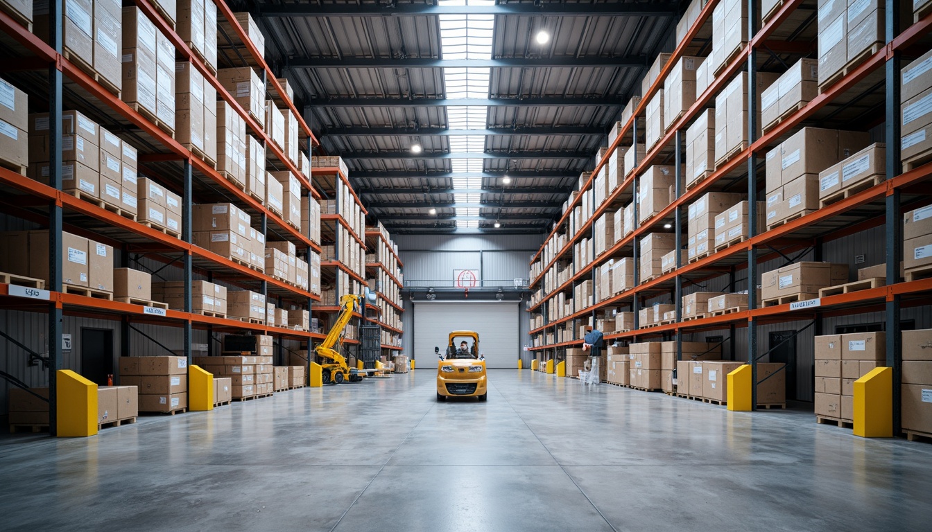 Prompt: Modern distribution center, high-ceiling warehouse, industrial shelving systems, efficient storage solutions, automated conveyor belts, loading docks, freight elevators, commercial lighting fixtures, polished concrete floors, steel beams, minimalist interior design, functional color scheme, optimized workflow layout, 1/1 composition, softbox lighting, realistic textures, ambient occlusion.