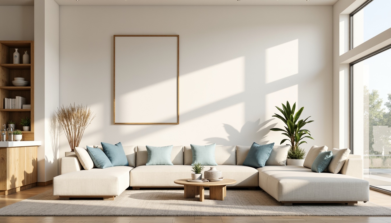 Prompt: Soft creamy whites, warm beige tones, powder blue accents, subtle gold metallic hints, natural linen textures, elegant modern furniture, minimalist decor, airy open spaces, abundant natural light, gentle warm shadows, 1/1 composition, soft focus, realistic renderings, ambient occlusion.