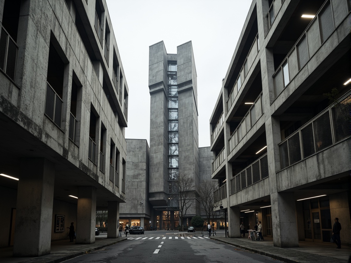 Prompt: Massive concrete forms, brutalist architecture, industrial distribution center, rugged textures, exposed ductwork, raw steel beams, functional minimalism, urban cityscape, overcast skies, dramatic shadows, high-contrast lighting, cinematic composition, symmetrical framing, bold geometric shapes, reinforced materials, utilitarian aesthetic, functional simplicity, mechanized systems, metallic accents, distressed finishes, monumental scale, imposing presence, atmospheric misting.