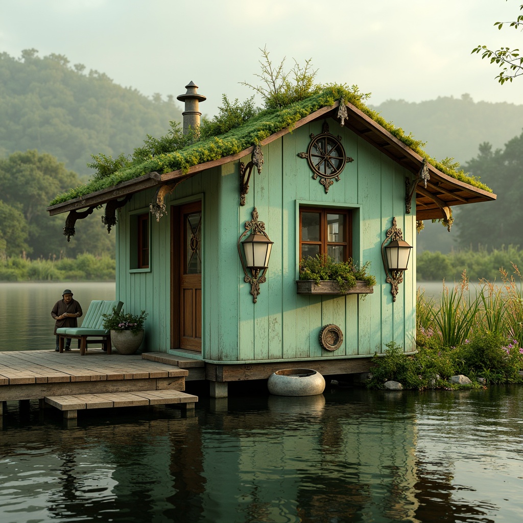 Prompt: Whimsical boathouse, soft mint green exterior, ornate Art Nouveau details, flowing organic lines, delicate florals, curved wooden accents, distressed wood textures, vintage nautical elements, rustic metal fixtures, serene lake surroundings, lush greenery, misty morning atmosphere, warm golden lighting, shallow depth of field, 1/2 composition, realistic water reflections, ambient occlusion.