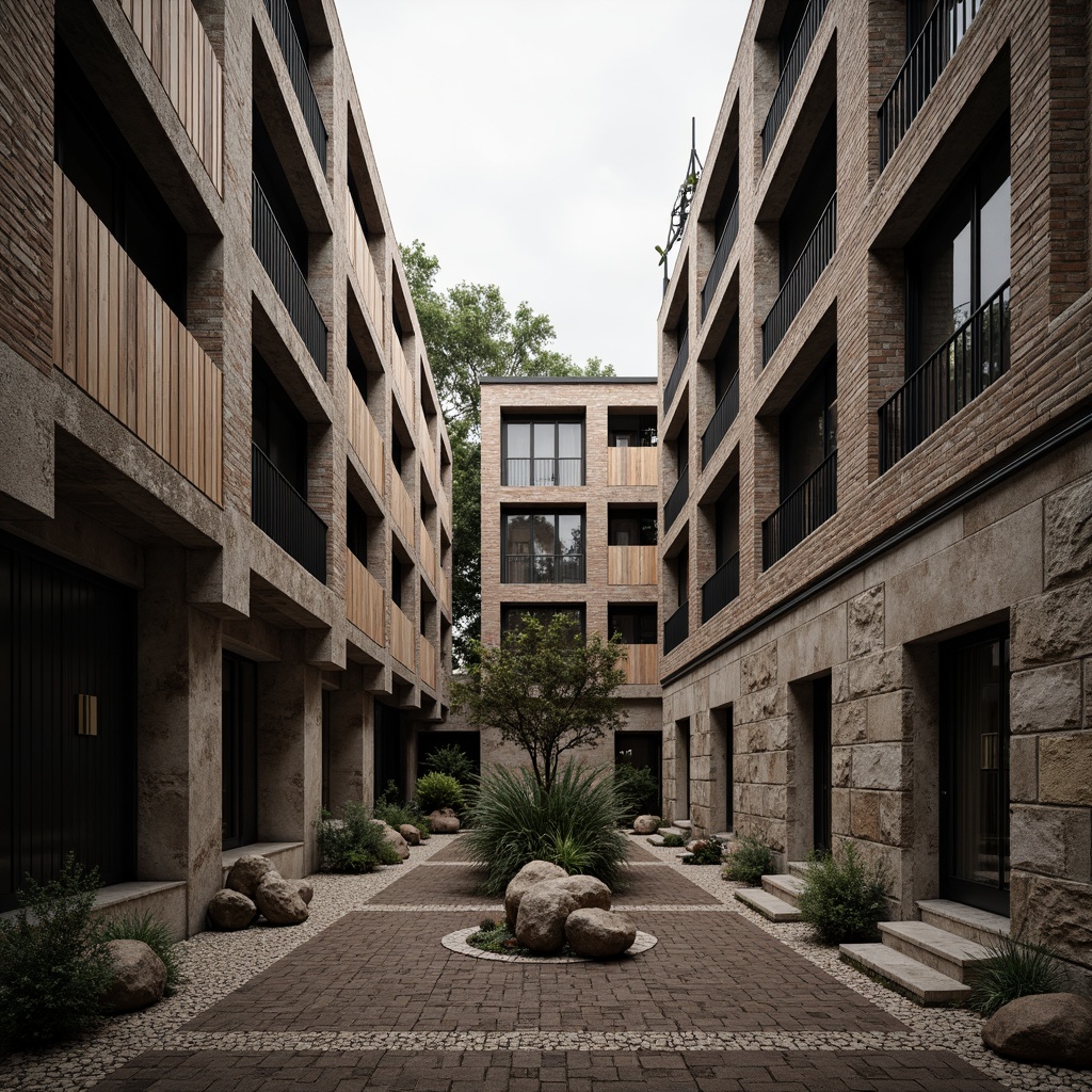 Prompt: Rustic stone walls, weathered wooden planks, rough-hewn concrete columns, tactile brick facades, ornate metalwork, intricate stonework patterns, natural rock formations, earthy tones, organic shapes, brutalist architecture, industrial chic aesthetic, urban landscape, overcast sky, dramatic shadows, high-contrast lighting, 1/2 composition, atmospheric perspective, realistic material rendering.