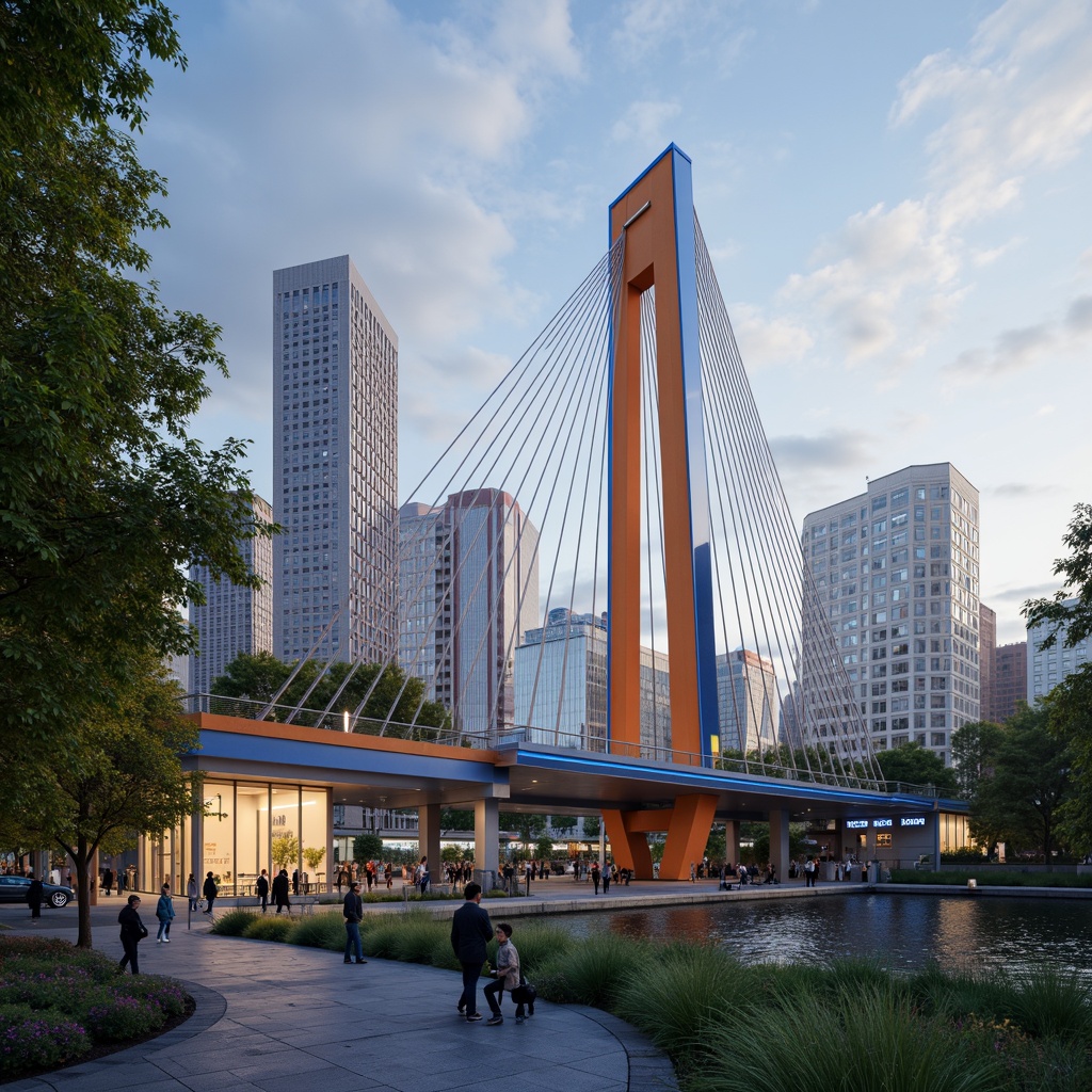 Prompt: Modern bridge, sleek metal structures, bold angular lines, vibrant color scheme, neon lights, urban cityscape, misty morning atmosphere, soft warm lighting, shallow depth of field, 3/4 composition, panoramic view, realistic textures, ambient occlusion, silver-gray steel beams, bright orange accents, deep blue railings, gleaming white pedestrian paths, lush greenery surroundings, calm river waters, sunny day, dramatic cloud formations.